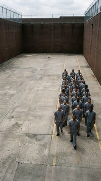 Group of man prisoners in gray uniform marching in line in prison yard with high brick wall and barbed wire. Incarceration and correctional facility concept. Justice system and punishment.