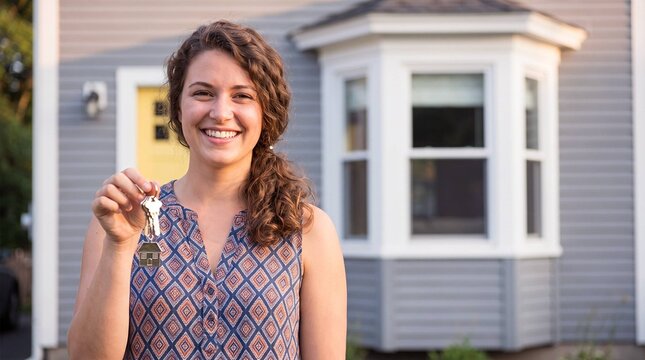 Smiling young woman holding house keys in front of new home