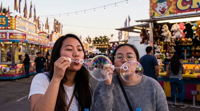 Two young women blowing bubbles together at colorful carnival fairground