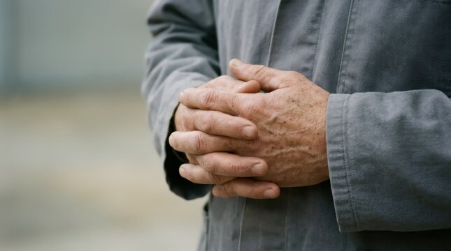 Close up of elderly man with clasped weathered hand. Senior age and hard work concept. Detail of wrinkled skin showing life experience, poverty and anxiety