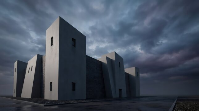 Modern brutalist concrete building with geometric tower under dramatic storm sky. Minimalist fortress architecture and dystopian design concept for urban future visualization style