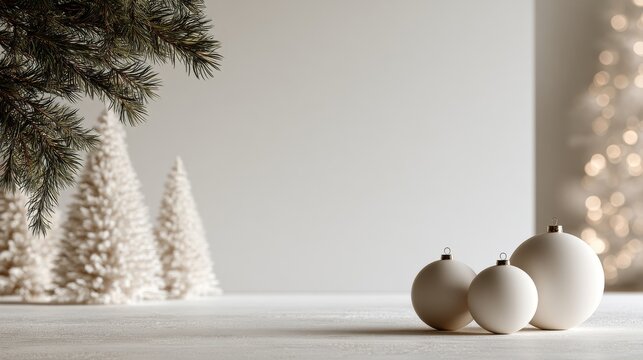 White Christmas trees and baubles on a minimal table