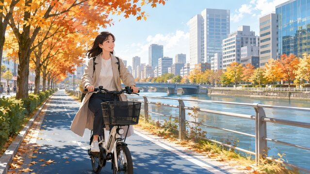 秋の川沿いを走る女性