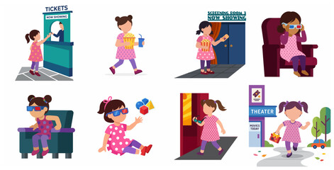 Fototapeta premium Set of Flat Vector Illustrations of a Little Girl at the Movie Theater Watching 3D Film and Eating Popcorn