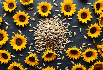 Fototapeta premium Healthy eating and natural snacks, sunflower seeds and bright yellow sunflowers on a dark background, agriculture and harvest