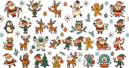 Obraz premium Set of cute hand drawn christmas characters including santa claus reindeer elves snowman penguin and various festive holiday animals collection