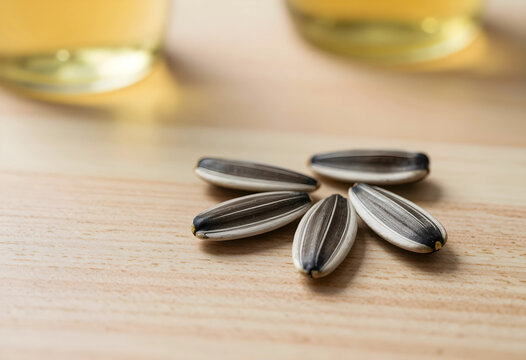 Healthy eating and natural ingredients, sunflower seeds arranged on a wooden table with blurred oil