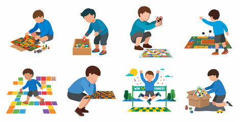 Fototapeta premium Collection of Little Boy Character Playing Various Board Games, Rolling Dice, and Winning Set