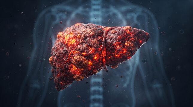 Diseased human liver with cirrhosis and glowing inflammation floating on dark anatomy skeleton background for medical concept.