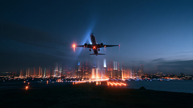 Commercial Airplane Flying Over Illuminated City at Night