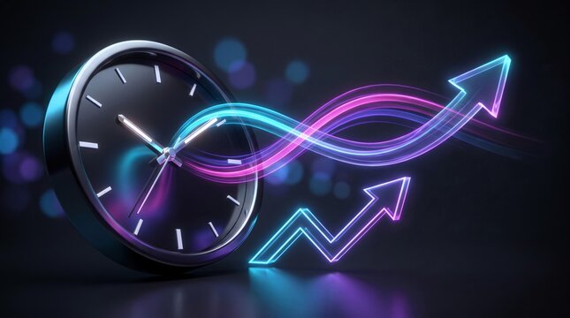 Modern wall clock featuring glowing neon arrows indicating exponential financial growth through sleek vibrant light trails in dark studio setting