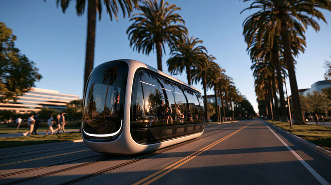 Futuristic Autonomous Electric Shuttle Moving on City Street