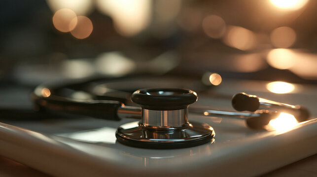 Medical Stethoscope on Table in Clinic with Bokeh Background
