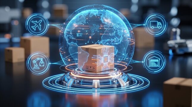 Cardboard shipping box sits atop a high tech pedestal featuring glowing blue holographic earth projections and futuristic logistics digital icons