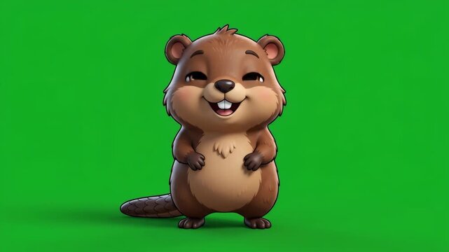 Adorable cartoon beaver with a cheerful expression standing on a vibrant green screen background, perfect for animation and design projects.