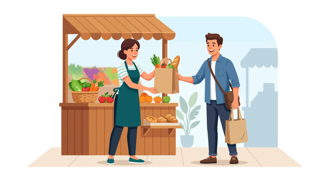 Customer buying fresh organic groceries and bread in paper bag from a female seller at local market 