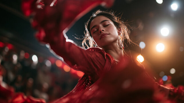 Passionate Female Flamenco Dancer Performing in Red Dress on Stage