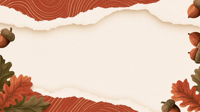 Autumn Background with Torn Paper Frame and Oak Leaves