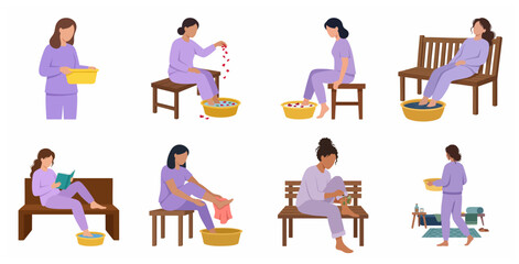 Fototapeta premium Set of women characters in purple pajamas performing foot care and home spa routines including soaking and massage