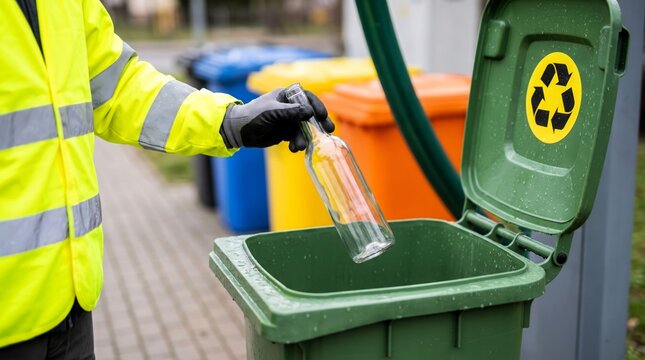 Sanitation worker wearing bright reflective yellow safety jacket places clear glass bottle into green plastic recycling bin for proper disposal