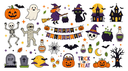 Fototapeta premium A set of Halloween festive clipart illustrations and graphic design elements