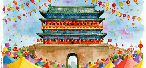 Fototapeta premium Colorful watercolor painting of a famous Chinese landmark adorned with festive decorations and joyful holiday spirit.