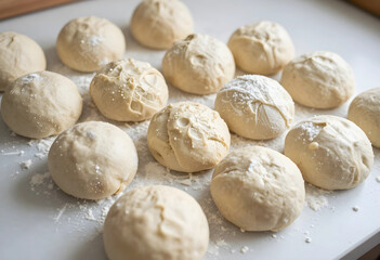 Fototapeta premium Homemade bread dough balls for baking, fresh pastry preparation, traditional cooking and culinary arts