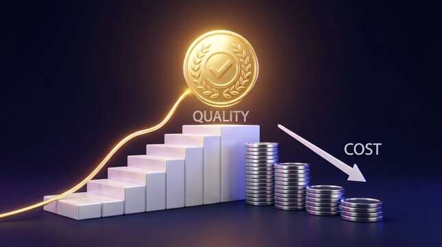 Golden glowing checkmark coin sitting atop rising stairs beside silver stacks of coins indicating a decreasing cost business concept