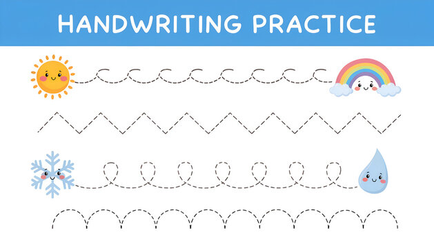 Handwriting Practice Worksheet with Cute Weather Characters and Dotted Tracing Lines