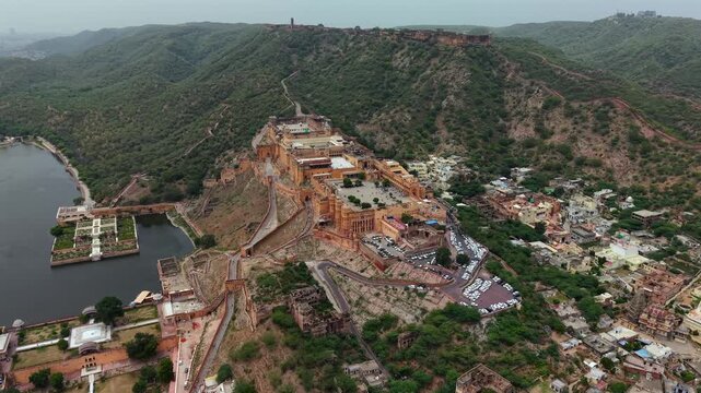 Aerial View of Amer Fort and Maota Lake Jaipur Rajasthan India