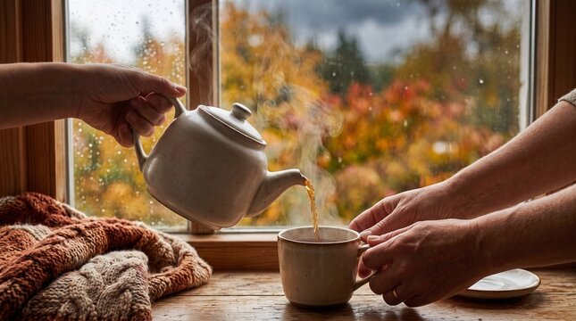 Pouring hot tea from a teapot into a cup by the window with colorful autumn leaves background, cozy fall mood