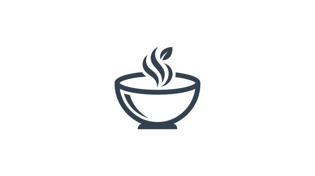 Minimalist vector illustration of a hot soup bowl with steam and a single herbal leaf rising from it, perfect for restaurant, organic food, and healthy lifestyle branding.