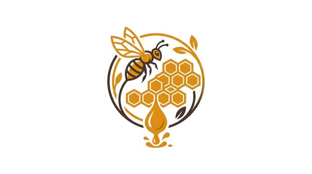 Vector logo design illustration of a honey bee with a honeycomb structure, a dripping drop of golden honey, and decorative leaves framed inside a circular border
