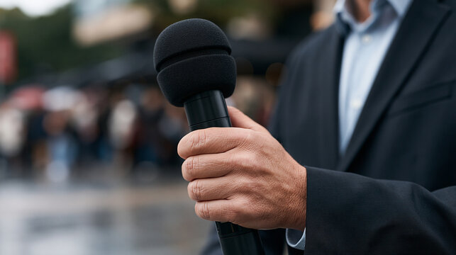 A radio host's hand gripping a microphone on a rain soaked broadcast table set outside a gala venue, fundraising event banners reflected in the wet pavement behind, close up of