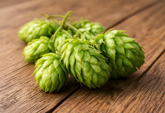 Craft beer brewing ingredients, fresh green hop cones on rustic wooden background for beverage and agriculture concepts