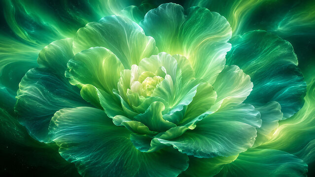 A glowing green digital illustration depicts an abstract fantasy flower with wavy petals.