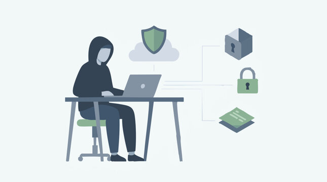 Hacker at laptop with cybersecurity icons, data protection concept