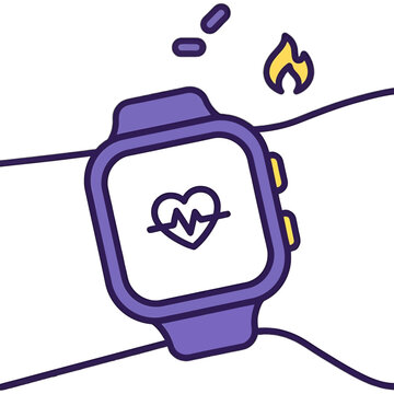 Smartwatch Fitness Tracker showing heart rate monitor and calorie burn icons on wrist for health data analysis and wellness monitoring concept.