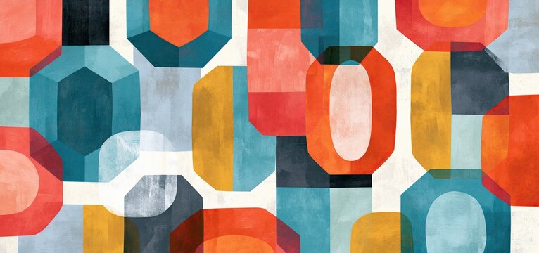 Modern geometric wall art with overlapping hexagons, ovals, and squares in vibrant teal, coral, mustard, and charcoal colors.