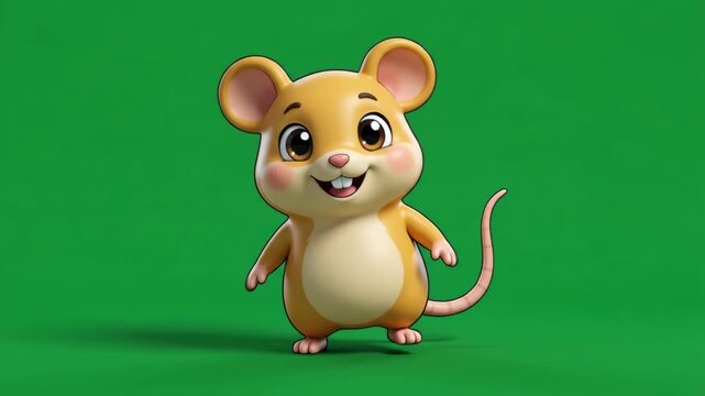 Adorable little cartoon mouse with big eyes and a cheerful smile, standing on a vibrant green background.