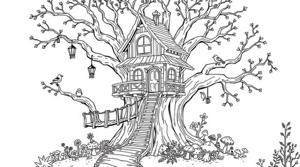 Naklejka premium Charming treehouse coloring page for adults and kids, cozy wooden cottage in giant tree with stairs hanging lanterns bridge birds and mushrooms vector line art 