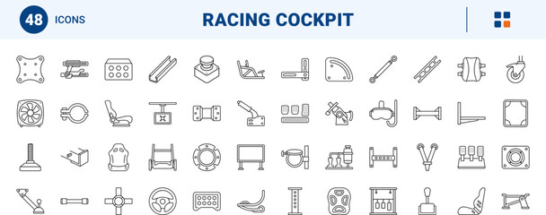 Fototapeta premium Automotive racing simulator frame line icon set. Vector pictograms of cockpit chassis, steering mount, pedal deck, and seat slider elements, thin linear illustration.
