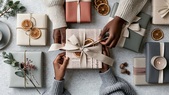Two hands wrapping gifts with ribbons and dried orange slices on a light surface, surrounded by various beautifully wrapped presents and decorative elements