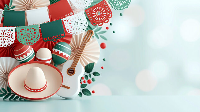 Colorful Mexican fiesta decorations featuring sombrero, guitar, papel picado banners, and festive ornaments arranged on a light background for celebration themes