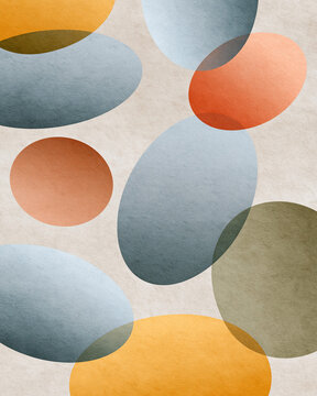 Abstract illustration featuring overlapping colorful ovals and circles in shades of blue, orange, green, and beige on a textured background
