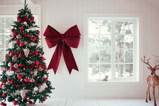 Christmas tree decorated with red and green ornaments stands next to a large red bow on the wall, with a window and a deer figurine in a bright indoor setting