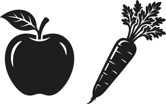 Apple and Carrot Silhouette Fresh Fruit Vegetable Vector Icon