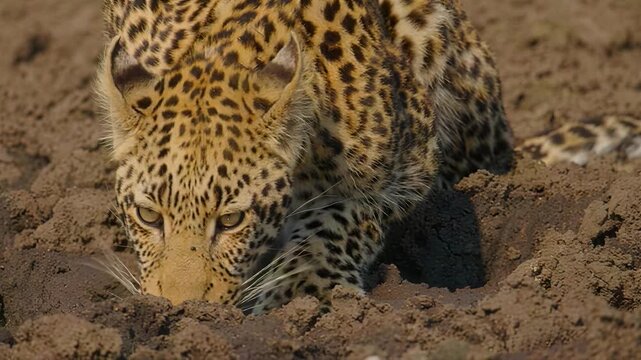 Close-up of a leopard drinking water from a muddy hole in the ground