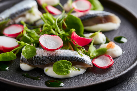 Pickled herring plated with radishes and greens in gourmet style