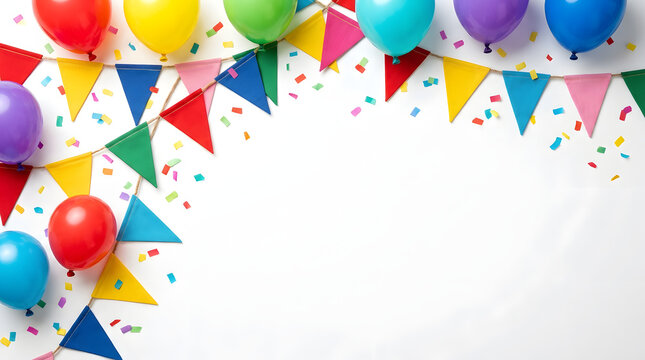 Colorful balloons and bunting flags frame on white background